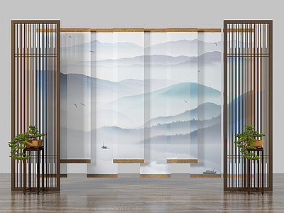 3d新中式窗帘花格盆栽组合模型