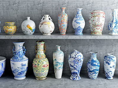 中式青花瓷瓶模型