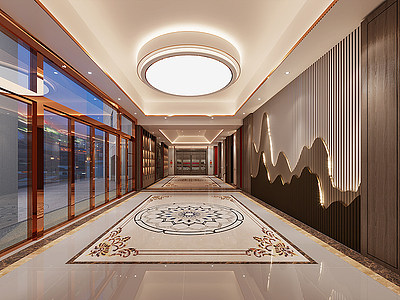 3d新中式酒店过道模型