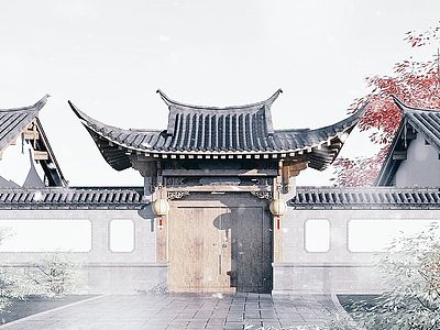 中式大门丽江风格建筑模型