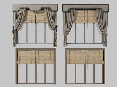 3d新中式窗帘竹帘组合模型