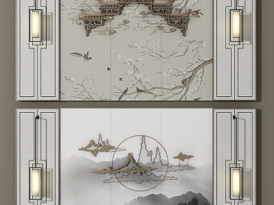 新中式背景墙墙饰组合模型3d模型