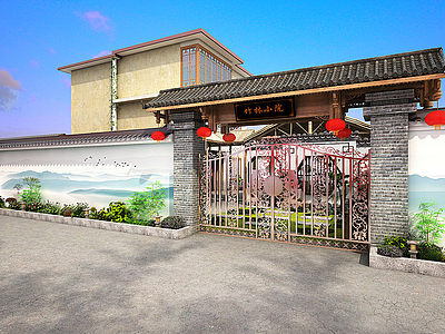 中式农家乐门头墙绘模型3d模型