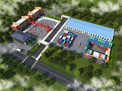 3d现代工厂鸟瞰宿舍楼货场模型