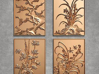 梅兰竹菊植物铜雕浮雕模型3d模型