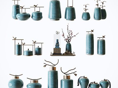 3d禅意陶瓷瓶罐装饰摆件模型