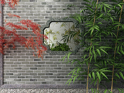 3d竹子红枫砖墙模型