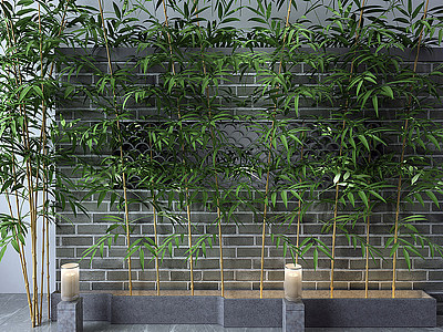 3d新中式竹子砖墙模型