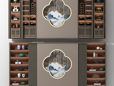 3d新中式装饰柜架模型