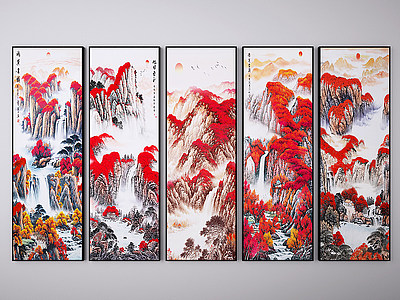 3d新中式山水挂画装饰画组合模型