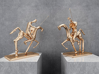 3d现代金属骑士雕塑摆件组合模型