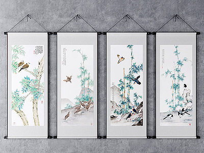 3d竹子飞鸟装饰挂画风景画模型