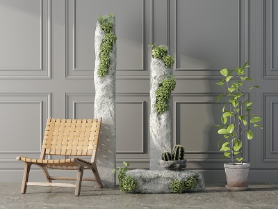 3d现代石头绿植盆栽组合模型