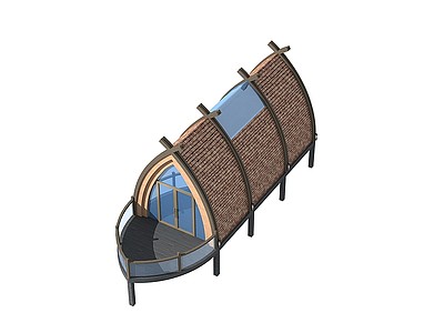現代異形水景船屋木屋水車模型3d模型