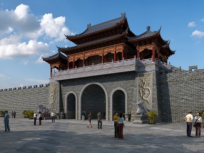 中式古建城门楼城墙城楼模型