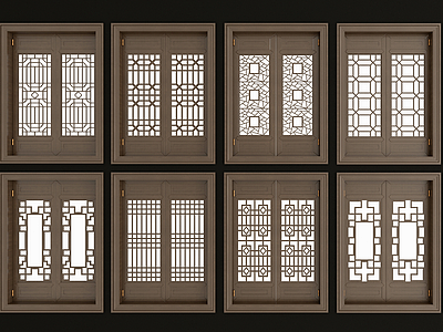 中式实木花格镂花窗组合模型