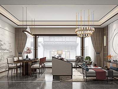 3d新中式大户型客厅客餐厅模型