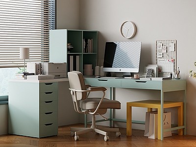 3d书房薄荷绿书桌椅组合模型