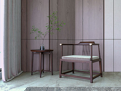 3d新中式会客休闲区实木靠椅模型
