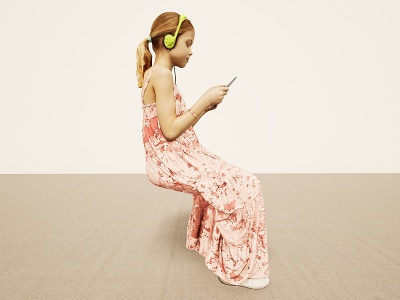 3d坐姿戴耳机看电脑小女孩模型