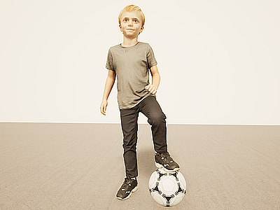 3d黄头发踢足球小男孩模型