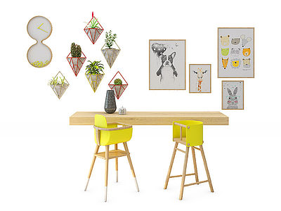 现代儿童餐桌椅装饰植物模型3d模型