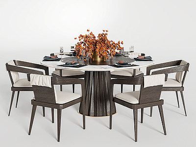3d新中式圆形餐桌椅组合模型
