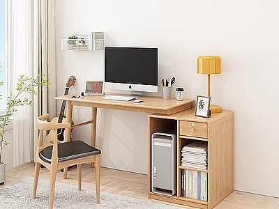 3d北欧实木书桌办公桌椅组合模型