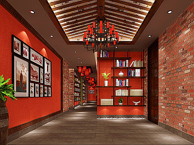 3d红色主题中式中餐厅过道模型