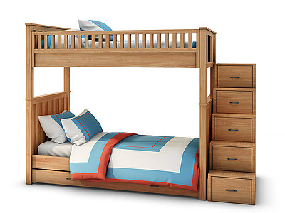 3d现代实木上下铺儿童床模型