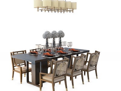 3d中式餐厅餐桌椅吊灯模型