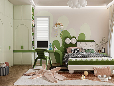 3d现代绿色系儿童房儿童床模型