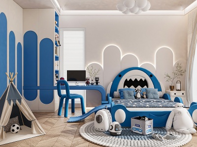 3d蓝色系儿童房儿童床模型