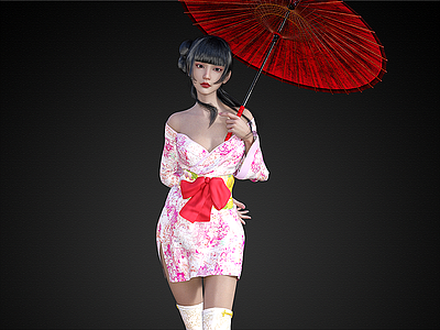 3d日式美女和服美女撑伞的模型