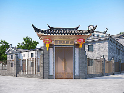 3d中式别墅入口大门模型