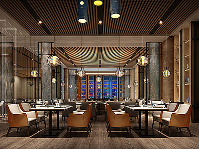 3d新中式餐厅大堂模型