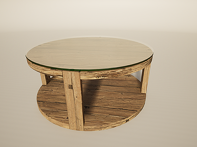 3d简易实木玻璃圆桌茶几模型
