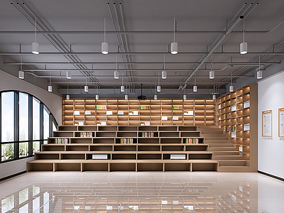 3d现代原木风图书馆教室模型