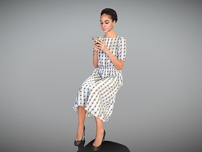 3d长裙美女坐姿女人看手机模型