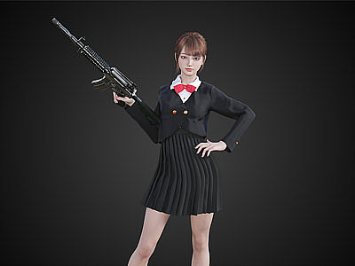 持枪校服女生女孩短裙模型3d模型