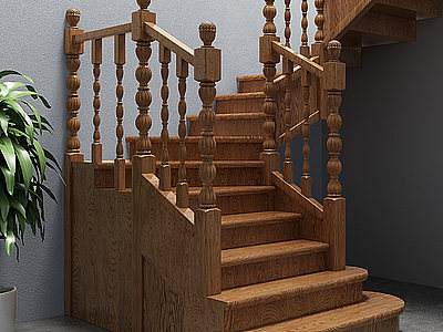 3d中式实木楼梯模型