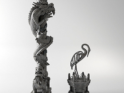 3d中式柱子龙鹤石雕柱子模型