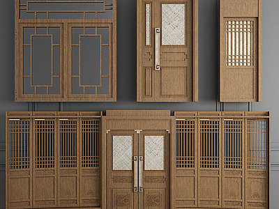 3d中式实木大门子母门窗户模型