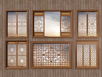 3d中式镂空木质仿古花窗模型