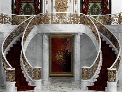 欧式别墅铁艺楼梯过道走廊模型
