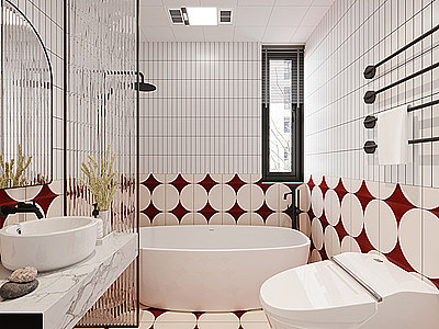 3d美式红色系带浴缸卫生间模型