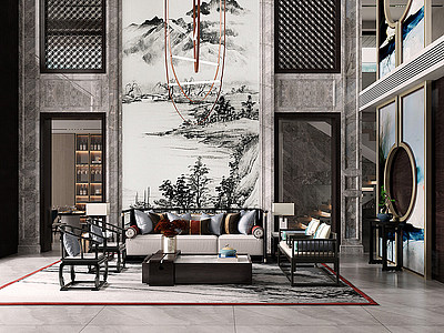 中式别墅挑高客厅模型3d模型