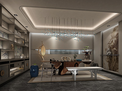 3d茶室新中式茶桌椅子书柜模型