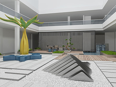 3d现代室内中空花园模型