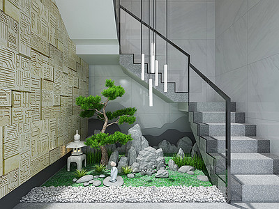 新中式楼梯间山水松树景观模型